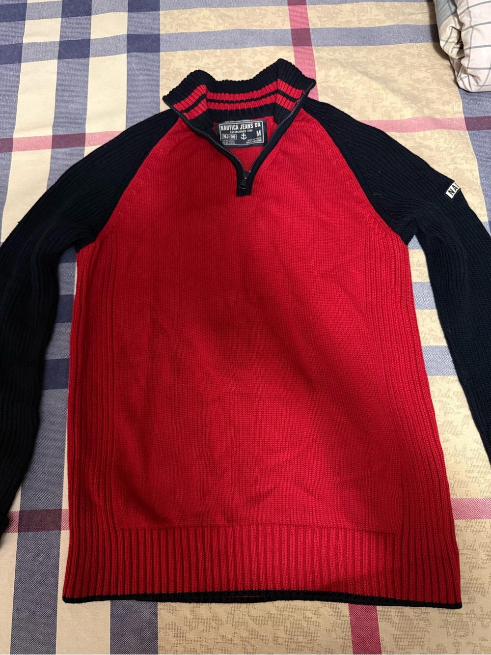 Nautica Men’s Red Body Black Sleeve Half-Zip Sweater (M)